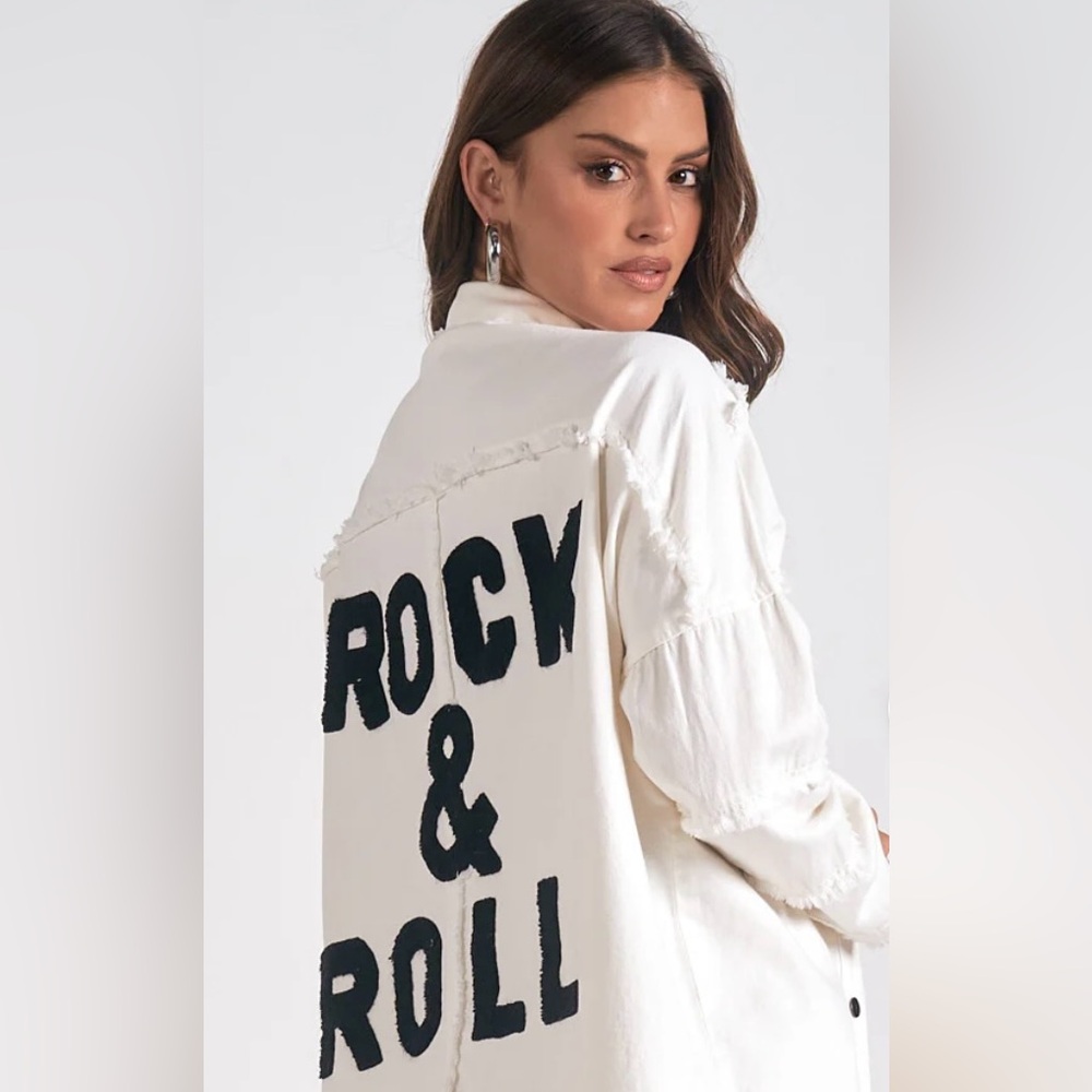 Devan button-up jacket/Shacket with signature Rock & Roll graphic on the back.